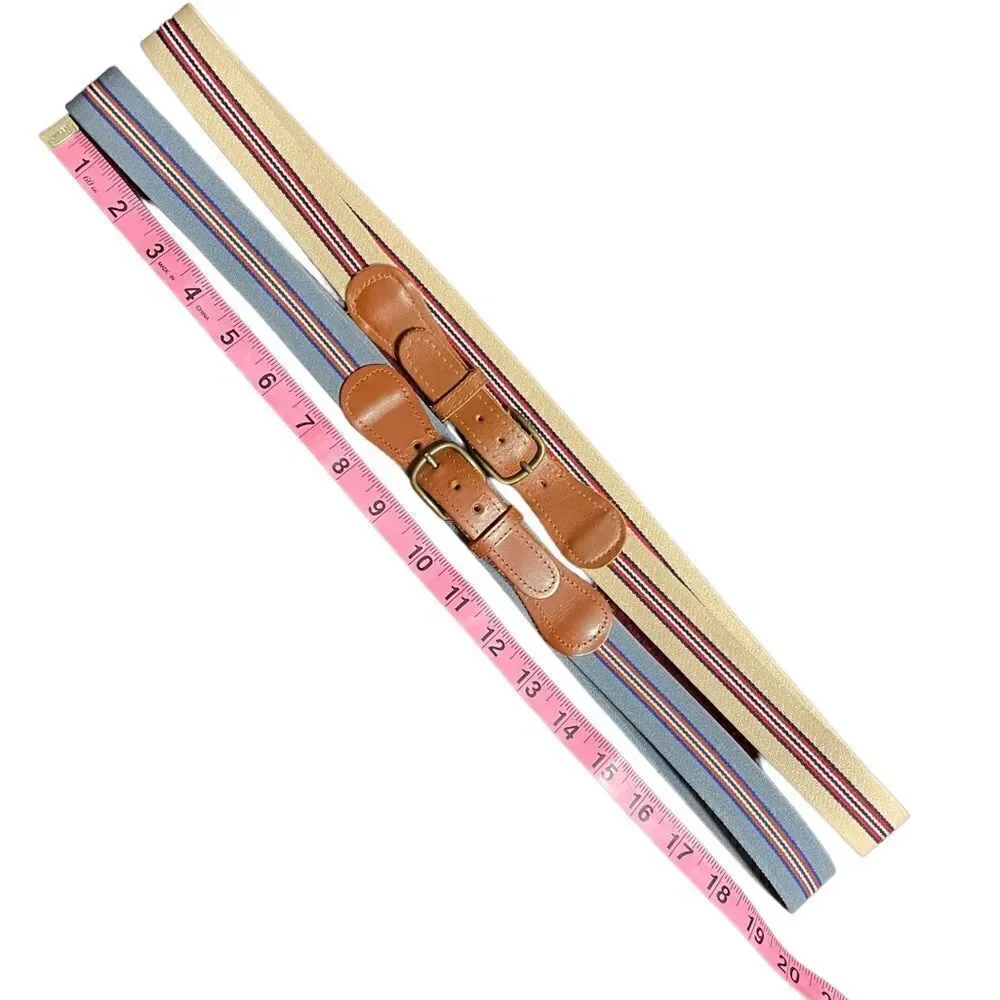 Vintage striped stretch webbing and leather belts fits upto 38” waist